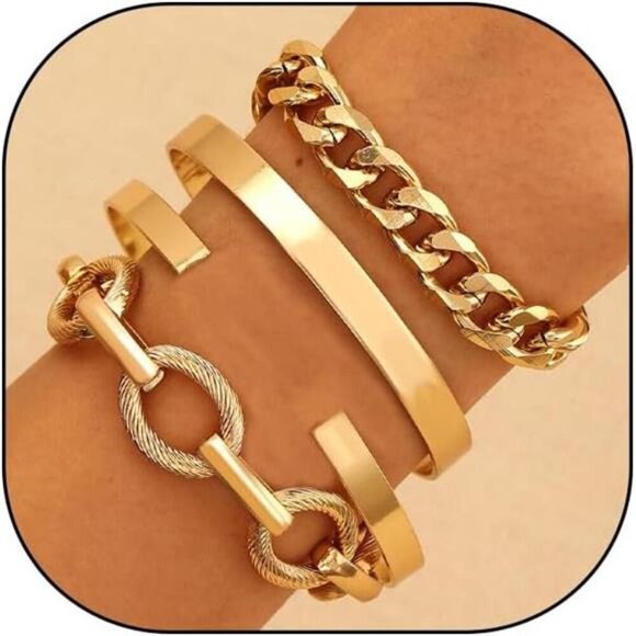 Trendy 4-Piece Gold Bracelet Set for Women – Chunky Chain, Minimalist Cuff - Picture 1 of 8